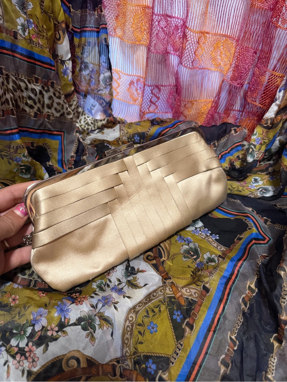 BCBG Gold Satin Woven Frame Clutch